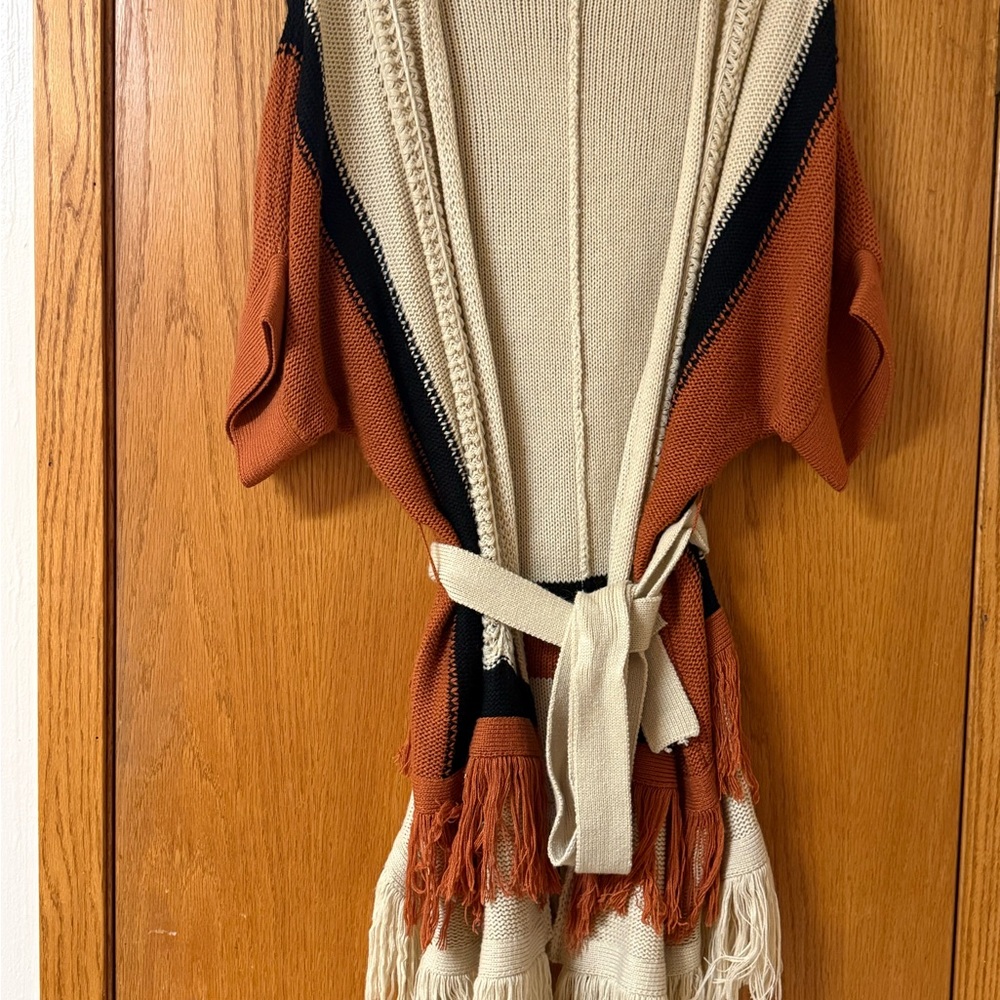 Cato Cream and Orange Knit Poncho with Fringe
